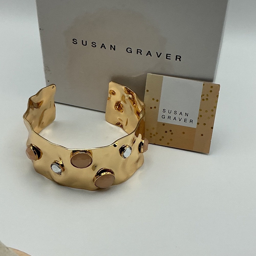 Susan Graver Goldtone Hammered Cuff Bracelet with Faceted Stones J445883